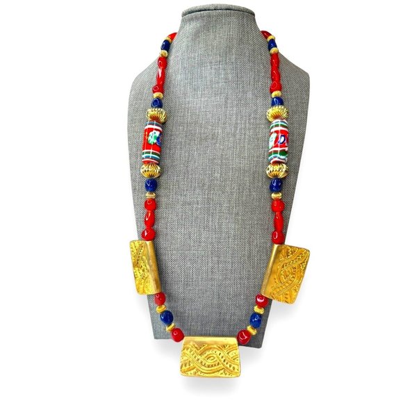 Vintage Chunky Millefiori Art Glass Goldtone Statement Necklace 27” Spring ring - Picture 1 of 13